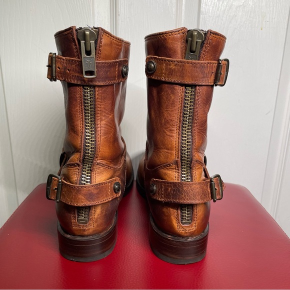 { Frye Moto Boot} Veronica Brown Leather Boots 10 - Picture 4 of 16